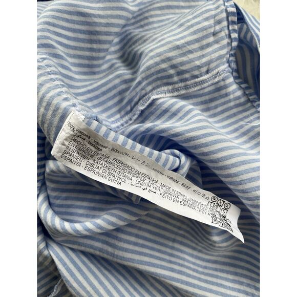 Zara Basic Pinstripe Preppy Powder Blue & White Ruffles Button Down 3/4 Sleeve M - Picture 6 of 6